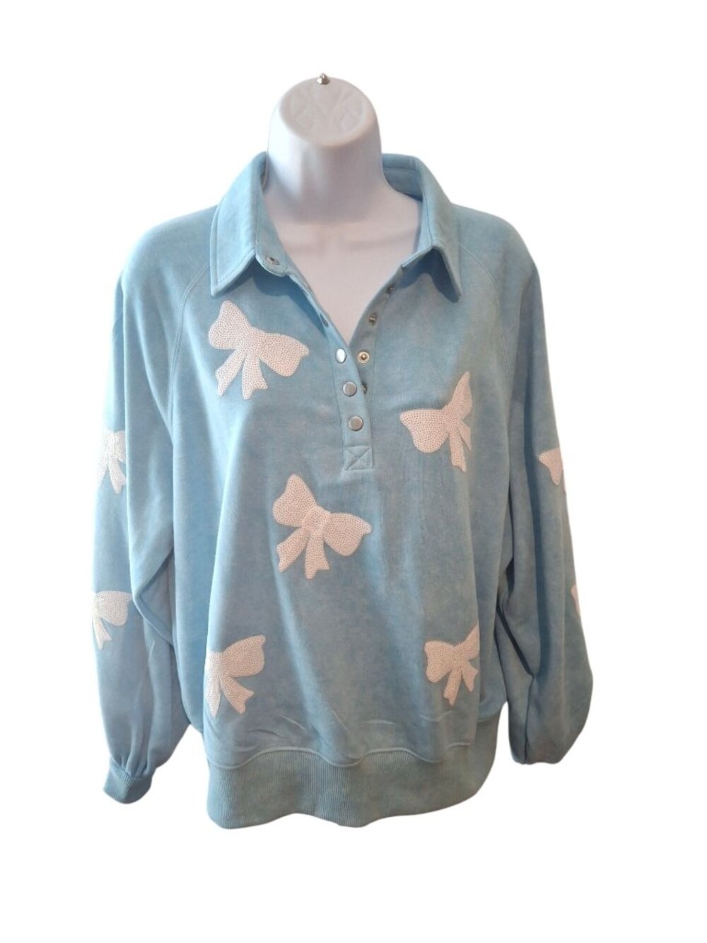 Womens Blue Bow Print Sweatshirt Size M Coquette Balletcore Collared Pullover